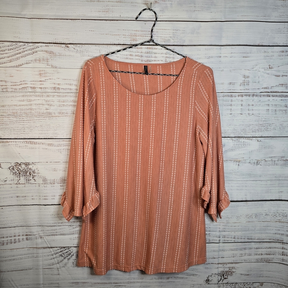 North River Womens Large Embroidered Textured Stripe Top Ruffle Accented Sleeves